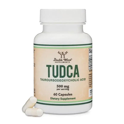 Bottle of TUDCA Tauroursodeoxycholic Acid 500mg with 60 capsules, dietary supplement for liver health.
