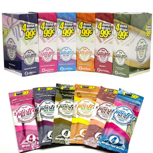 Twisted Hemp Combo 12 Pack Wraps featuring 6 flavors: California Dream, Tropical Breeze, Grape Burst, Sweet, Endless Summer, Plain Jane.