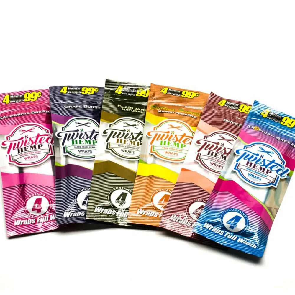 Twisted Hemp Combo 12 Pack Wraps featuring 6 flavors with 4 wraps each, organic and chemical-free.