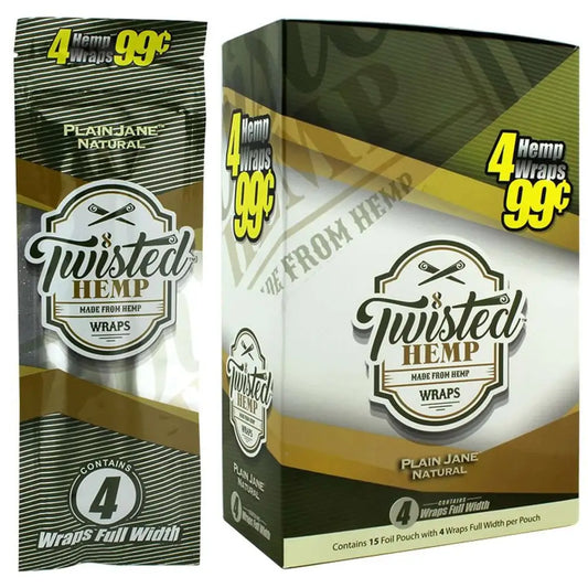 Twisted Hemp Plain Jane Wraps Full Box, organic wraps with 15 pouches and 4 wraps per pouch, nicotine and chemical-free.