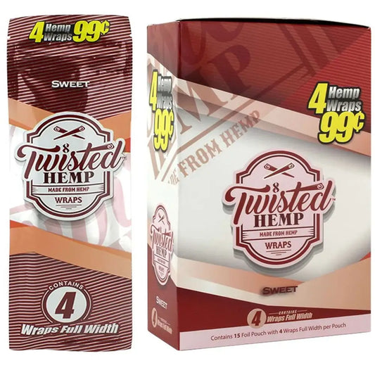 Twisted Hemp Sweet Wraps box showing 15 pouches with 4 organic, nicotine-free wraps in each, promoting freshness and smooth burn.