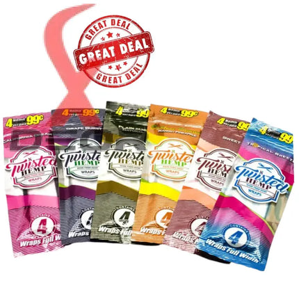 Twisted Hemp Wraps Combo Pack – 12 Packs | 6 Flavors (2 Packs Each, 4 Wraps Per Pack).