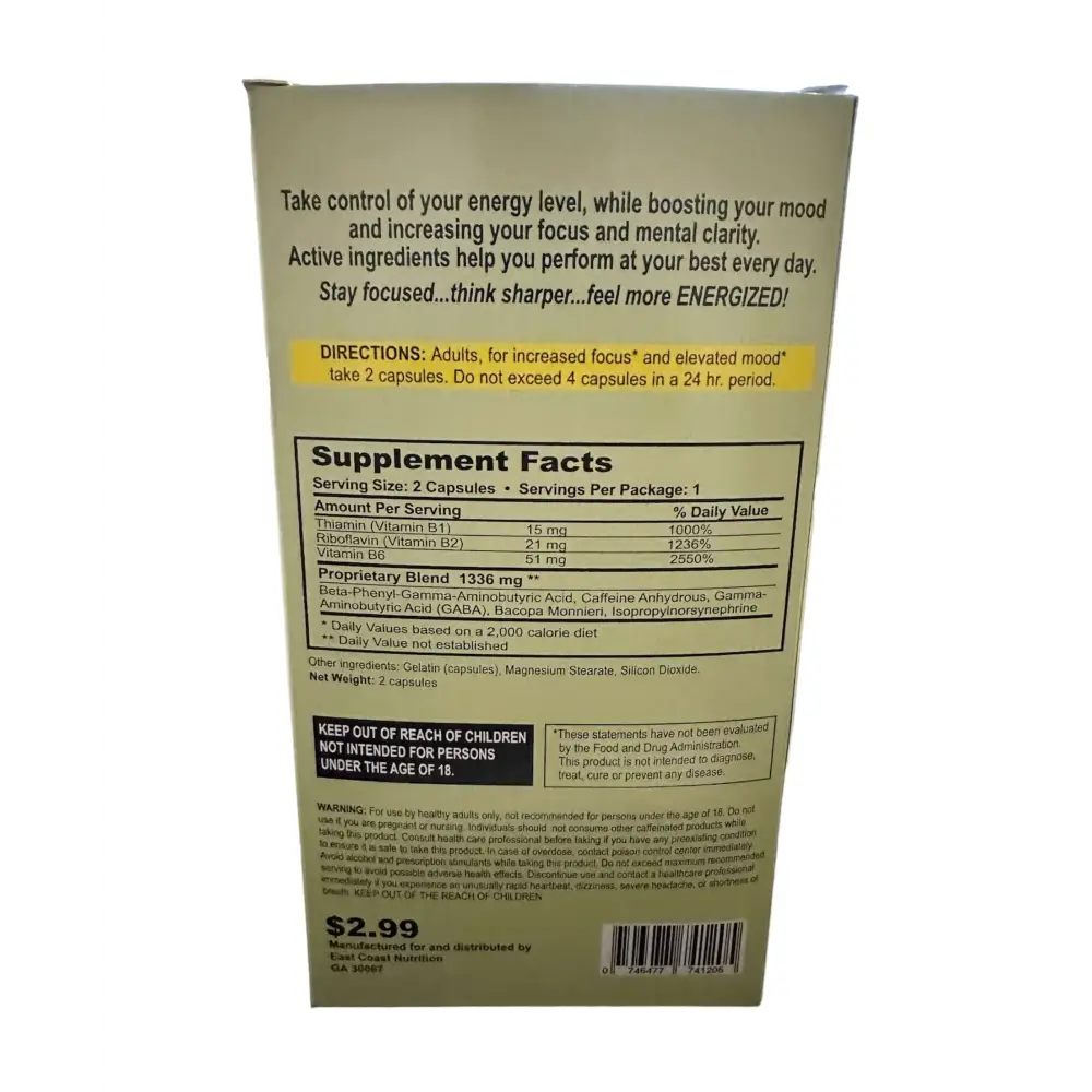 Zen Power supplement facts offering 48 capsules for mood elevation and focus enhancement.