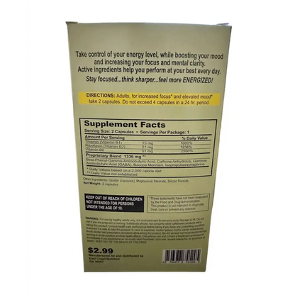 Zen Power supplement facts offering 48 capsules for mood elevation and focus enhancement.