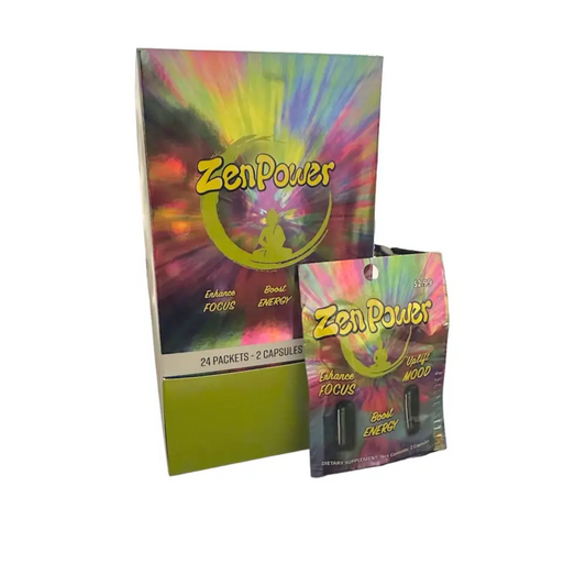 Zen Power capsules box with 24 packets of 2 capsules each for enhanced focus and elevated mood.