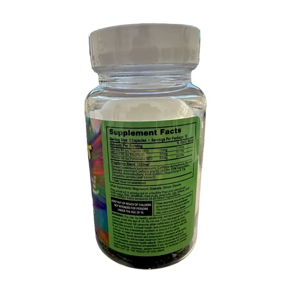 Zen Power mood enhancer capsules bottle showing supplement facts for increased focus and stress relief.