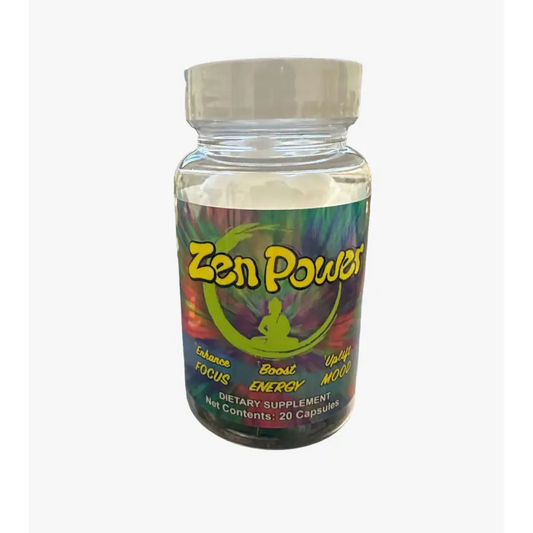 Zen Power dietary supplement bottle with 20 capsules for enhanced focus and mood elevation.