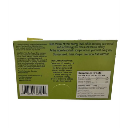 Zen Power Mood Enhancer shot box highlighting benefits and supplement facts for focus and energy.