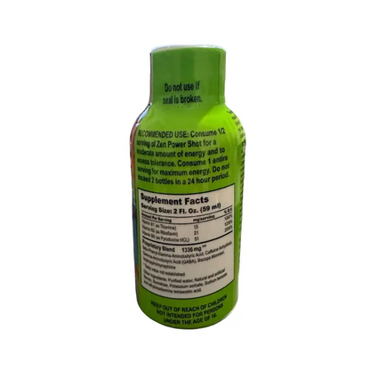 Zen Power 2oz shot bottle with supplement facts and usage instructions, mood enhancer for focus and energy.