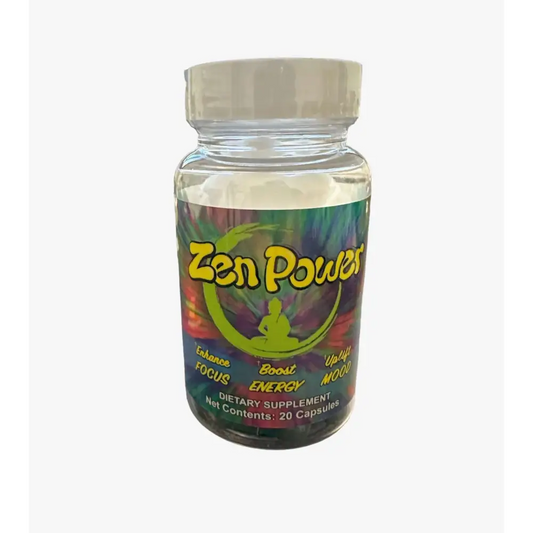 Zen Power Extra Strong capsules in a bottle for focus, mood enhancement, and energy boost, 20 capsules.