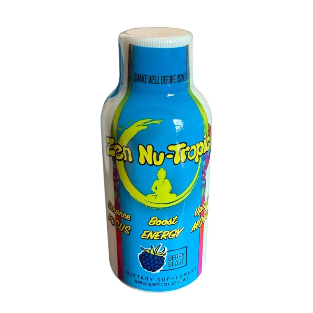Zen Nu-Tropic 2oz Berry Blast energy shot for enhanced focus and mood optimization, dietary supplement in vibrant packaging.