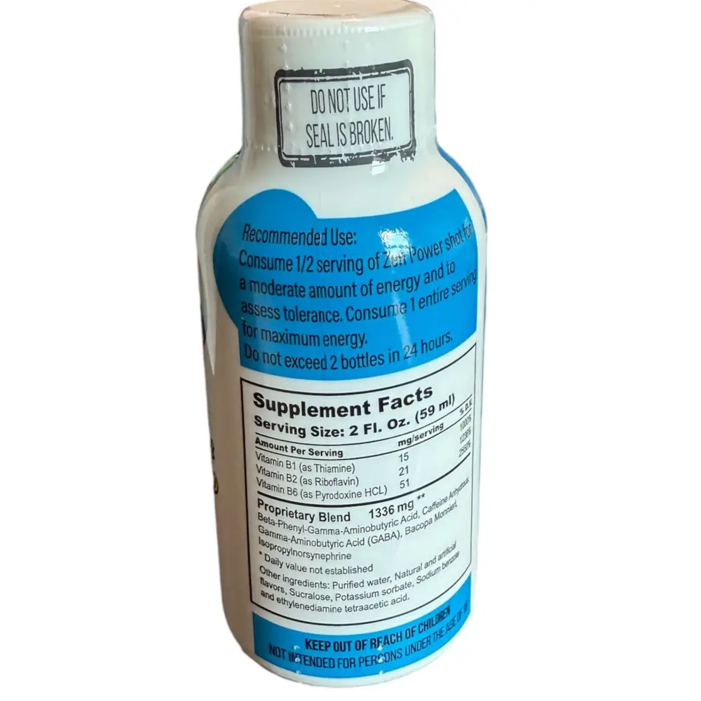 Zen Power Nu-Tropic 2oz Berry Blast shot bottle with supplement facts and usage instructions.