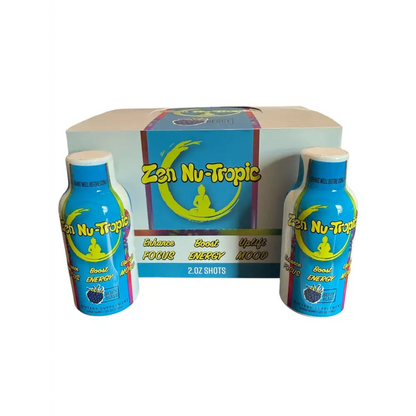 Zen Nu-Tropic 2oz berry blast shots, promoting energy, focus, and mood enhancement. Includes 12 bottles.