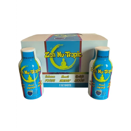 Zen Nu-Tropic 2oz berry blast shots, promoting energy, focus, and mood enhancement. Includes 12 bottles.