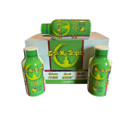 Zen Power Nu-Tropic 2oz Green Apple Candy shots for enhancing focus, boosting energy, and uplifting mood in a box.