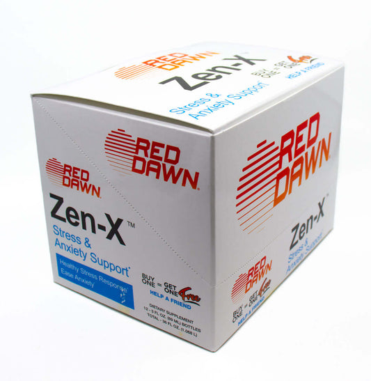 ZenX Stress & Anxiety Shots box by Red Dawn, 2oz size, promoting relaxation and healthy stress response.