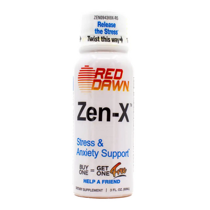 ZenX Stress & Anxiety Support Shot by Red Dawn, 3 fl oz, promoting relaxation and healthy stress response.