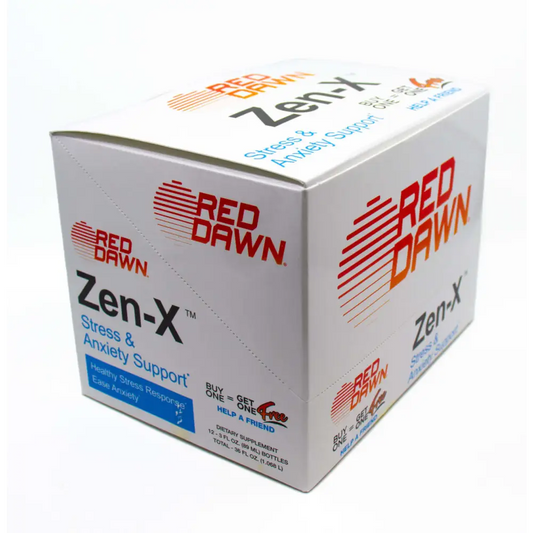 ZenX Stress & Anxiety Shots box by Red Dawn, 2oz size, promoting relaxation and healthy stress response.