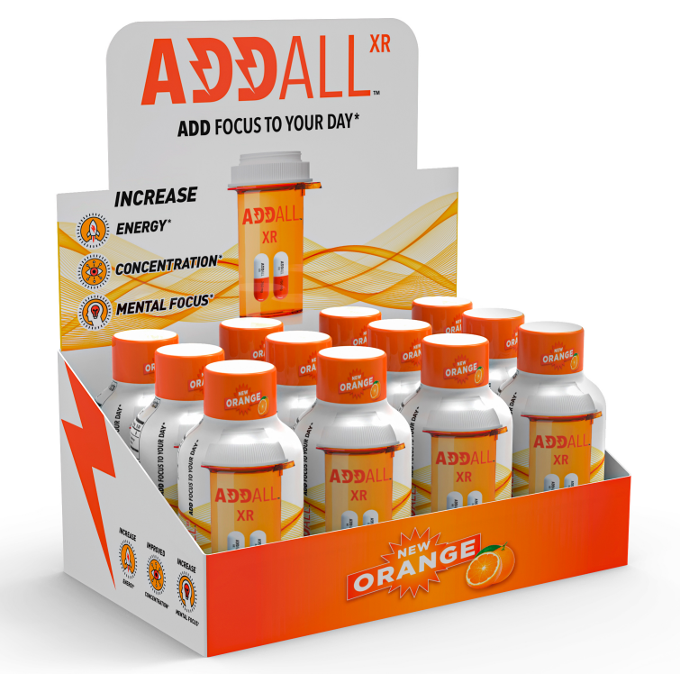 Addall XR Orange 2oz shots for focus and energy in a display box. Ideal supplement for mental clarity.