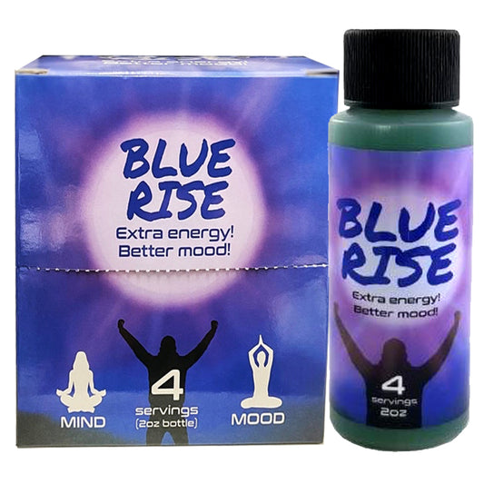 Blue Rise 2oz energy drink with a vibrant box, offering extra energy and mood enhancement. 12-pack of bottles.