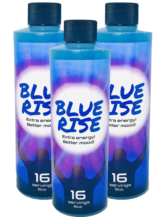 3 bottles of Blue Rise 8oz party drink, offering extra energy and mood enhancement with 16 servings total.