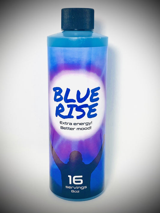 8oz Blue Rise energy drink bottle with vibrant label, offering extra energy and mood enhancement for party occasions.