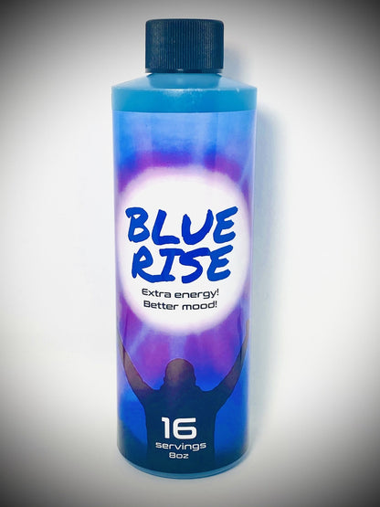 8oz Blue Rise energy drink bottle featuring extra energy and mood enhancement, 16 servings for party use.