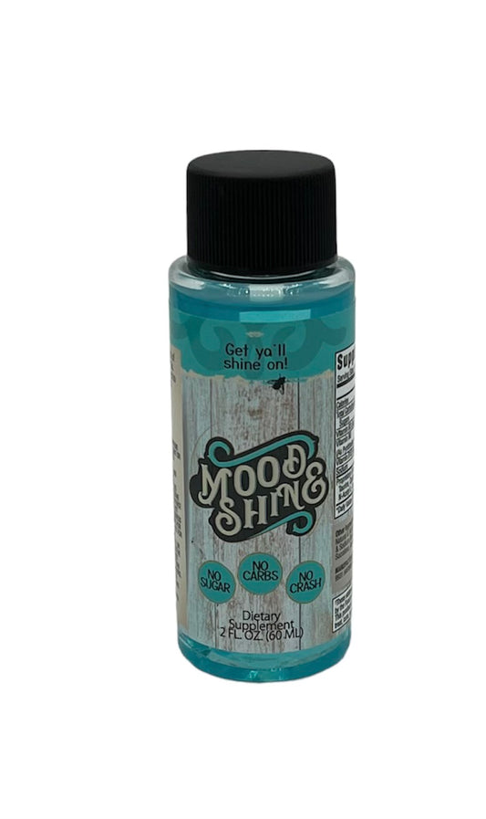 Mood & Shine 2oz shot bottle with no sugar, no carbs, and invigorating blend for energy and focus.