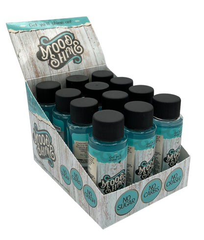 Display of Mood & Shine 2oz shots in a box, labeled 'No Sugar, No Carbs, No Crash' for daily energy boost.