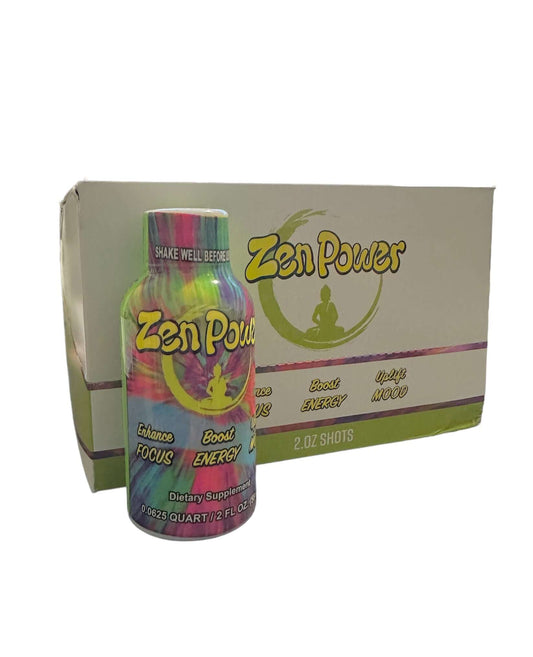 Zen Power 2oz Mood Enhancer Shot with full box of 12, boosts focus and energy, dietary supplement, limited stock.