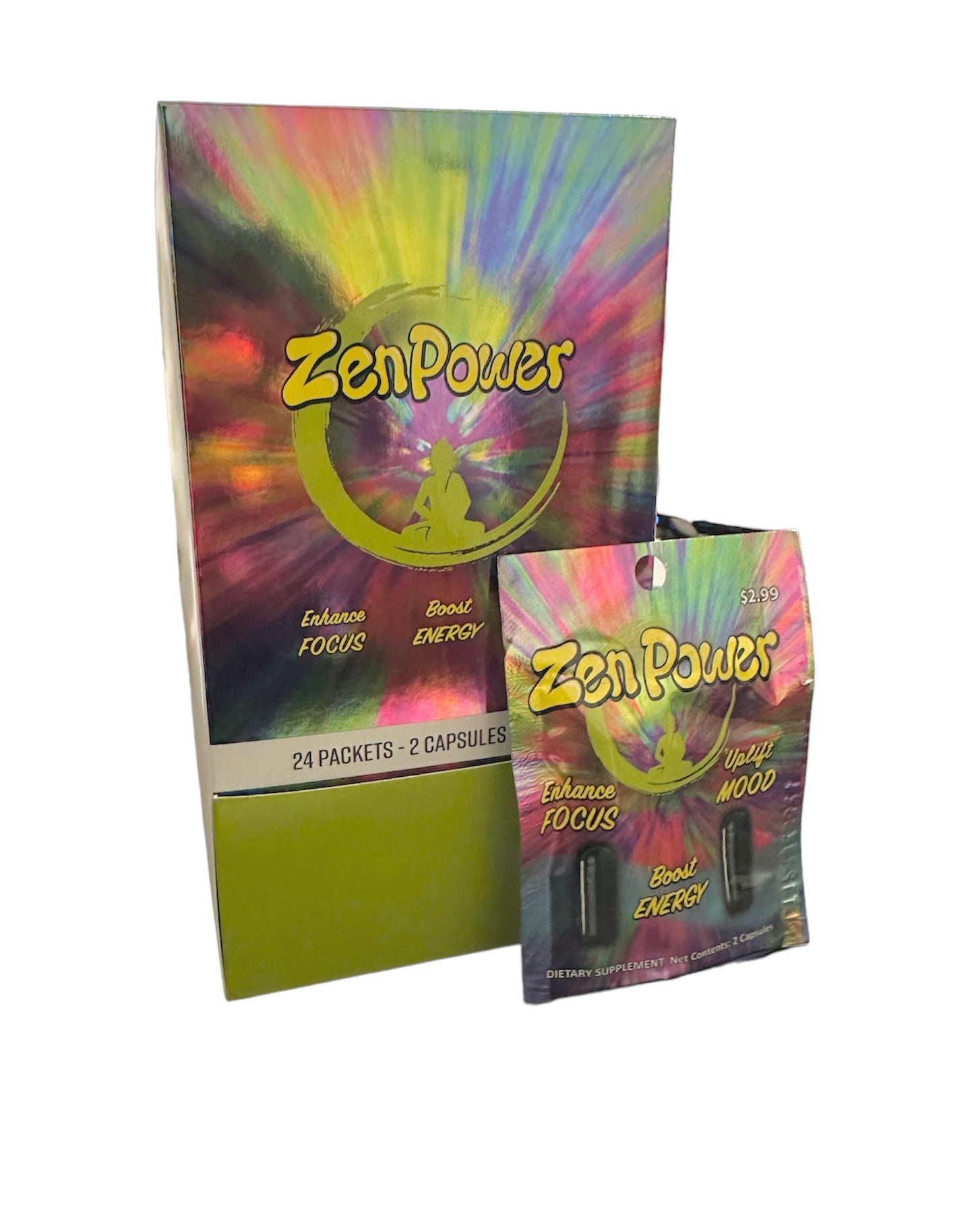 Zen Power capsules box with 24 packets of 2 capsules each for enhanced focus and elevated mood.