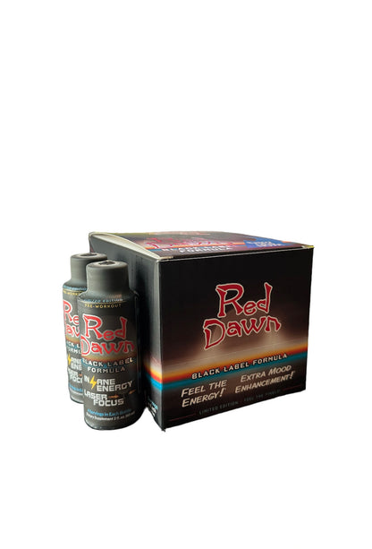 Red Dawn Black Label Formula 2oz energy shots in box, designed for enhanced focus and performance.