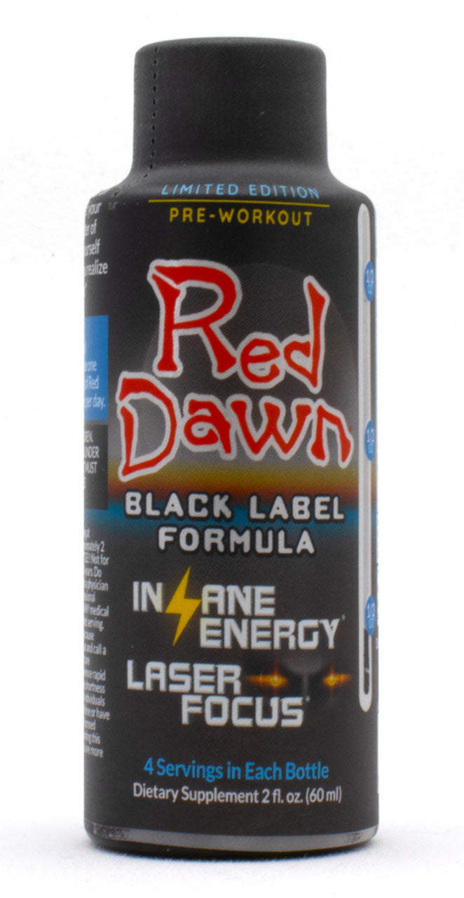 Red Dawn Black Label Formula 2oz shot with insane energy and laser focus, 4 servings per bottle, dietary supplement.