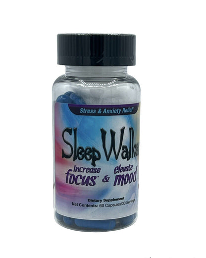 Sleep Walker Mood Enhancer dietary supplement bottle containing 60 capsules for focus and mood elevation.